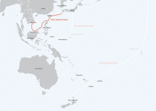 Map of Asia and Oceania, with the first, second and third island chains.