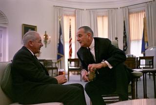 Prime Minister Harold Holt (left) and President Lyndon Johnson in the Oval Office at the White House, circa 1966