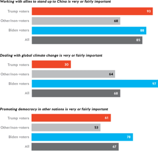 Figure 3. China is rated as important by majorities of Democrats and Republicans, but climate change is even more important for Democrats 