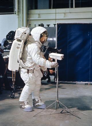 Astronaut Neil Armstrong participates in a simulation of a walk on the Moon’s surface, April 1969