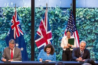 The Deputy Prime Minister and Minister for Defence, the Honourable Richard Marles MP, British Ambassador to the United States, Dame Karen Pierce, and US Deputy Secretary of State, Kurt Campbell, sign the AUKUS Agreement for Cooperation Related to Naval Nuclear Propulsion in Washington DC, August 2024.
