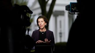 US Secretary of Commerce Gina Raimondo speaks during a television interview outside the White House