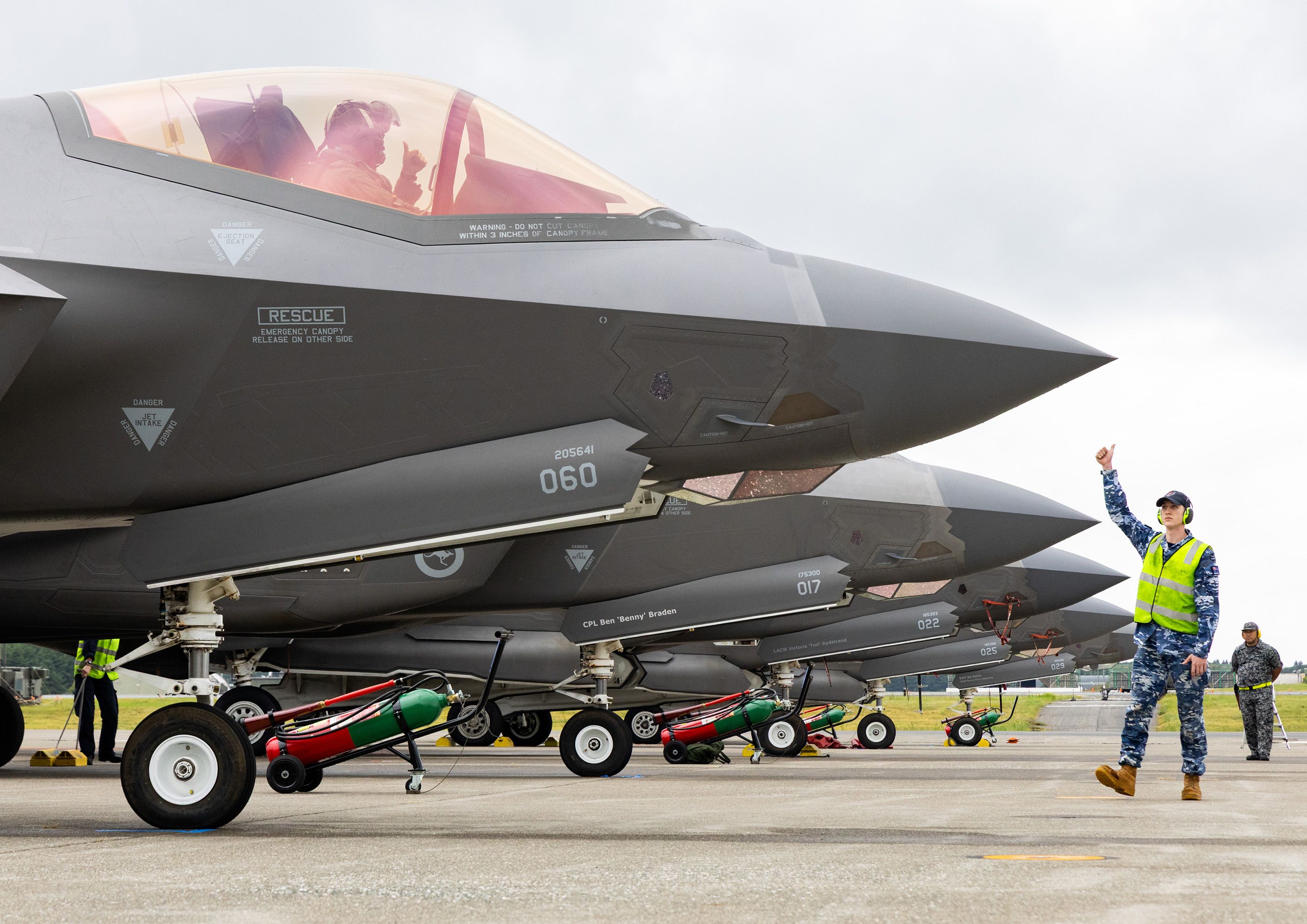 A Royal Australian Air Force Aircraft technician conducts final checks before the take-off of a F-35A Lightning II during Exercise Bushido Guardian 2025, Misawa Air Base, Japan. 