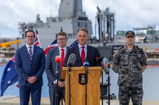 Australian Deputy Prime Minister, the Honourable Richard Marles MP speaks to the media during a visit to HMAS Stirling.