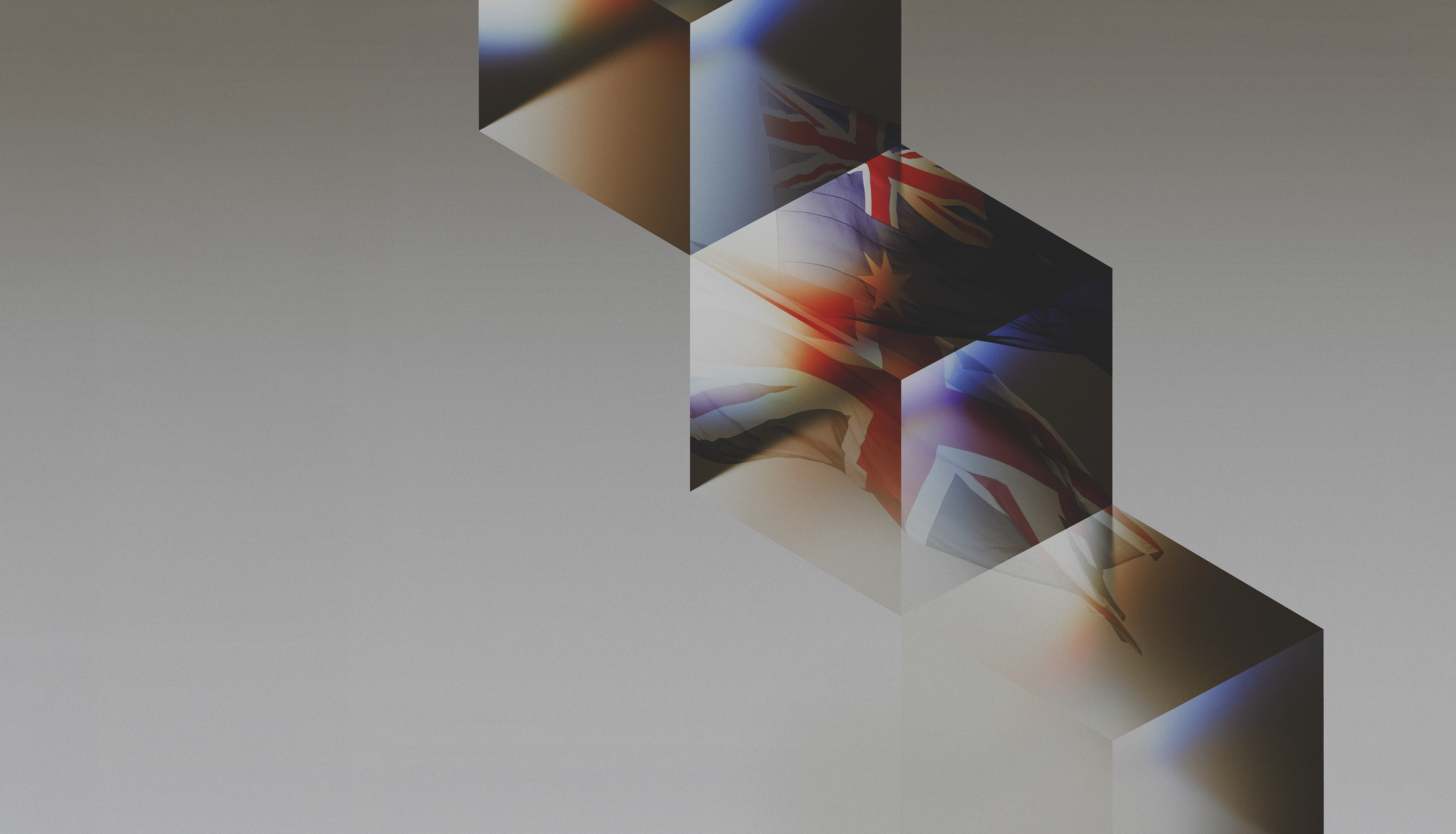 Australia and UK flags set within an abstract cube background.