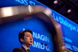 Japanese Defence Minister Koizumi Shinjiro speaks during the 23rd IISS Shangri-La Dialogue at the Shangri-La Hotel on May 31, 2026 in Singapore
