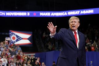 U.S. President Donald Trump greets supporters during an election rally at the Covelli Centre on October 12, 2026 in Youngstown, Ohio.