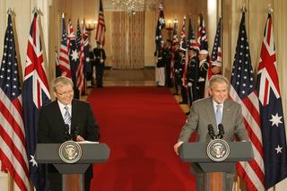 Prime Minister Kevin Rudd and President George W Bush react to a question during their joint press conference at the White House, 28 March 2008