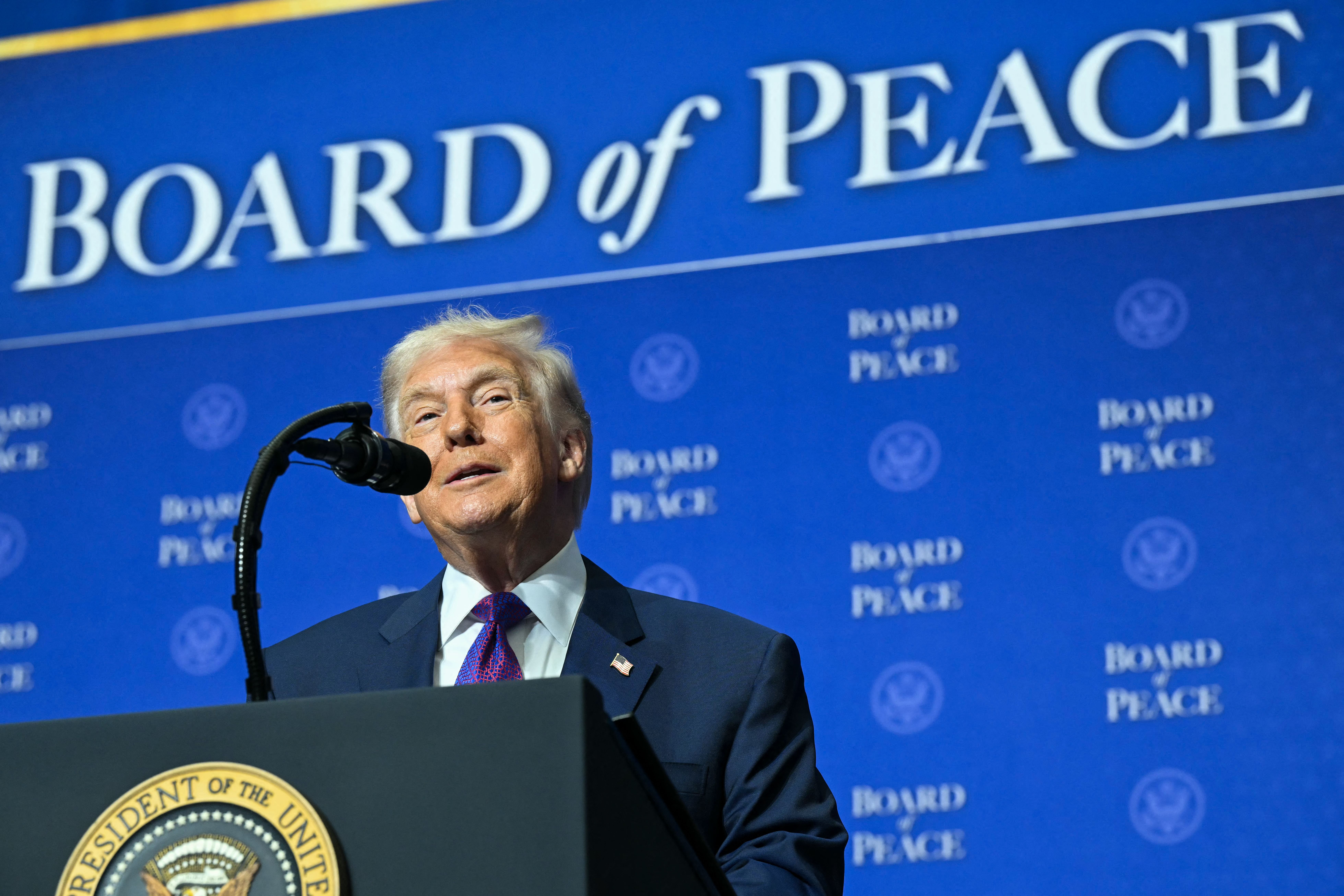 US President Donald Trump delivers remarks during the inaugural meeting of the "Board of Peace" at the US Institute of Peace in Washington, DC, on February 19, 2026.