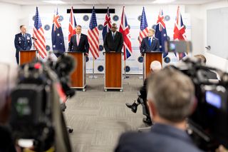 Australian Deputy Prime Minister and Minister for Defence, the Hon. Richard Marles MP, US Secretary of Defense, the Hon. Lloyd J. Austin III, and UK Secretary of State for Defence, the Rt Hon. Grant Shapps MP, hold a joint press conference at the Defense Innovation Unit near San Francisco, December 2023