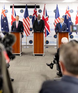 Australian Deputy Prime Minister and Minister for Defence, the Hon. Richard Marles MP, US Secretary of Defense, the Hon. Lloyd J. Austin III, and UK Secretary of State for Defence, the Rt Hon. Grant Shapps MP, hold a joint press conference at the Defense Innovation Unit near San Francisco, December 2023
