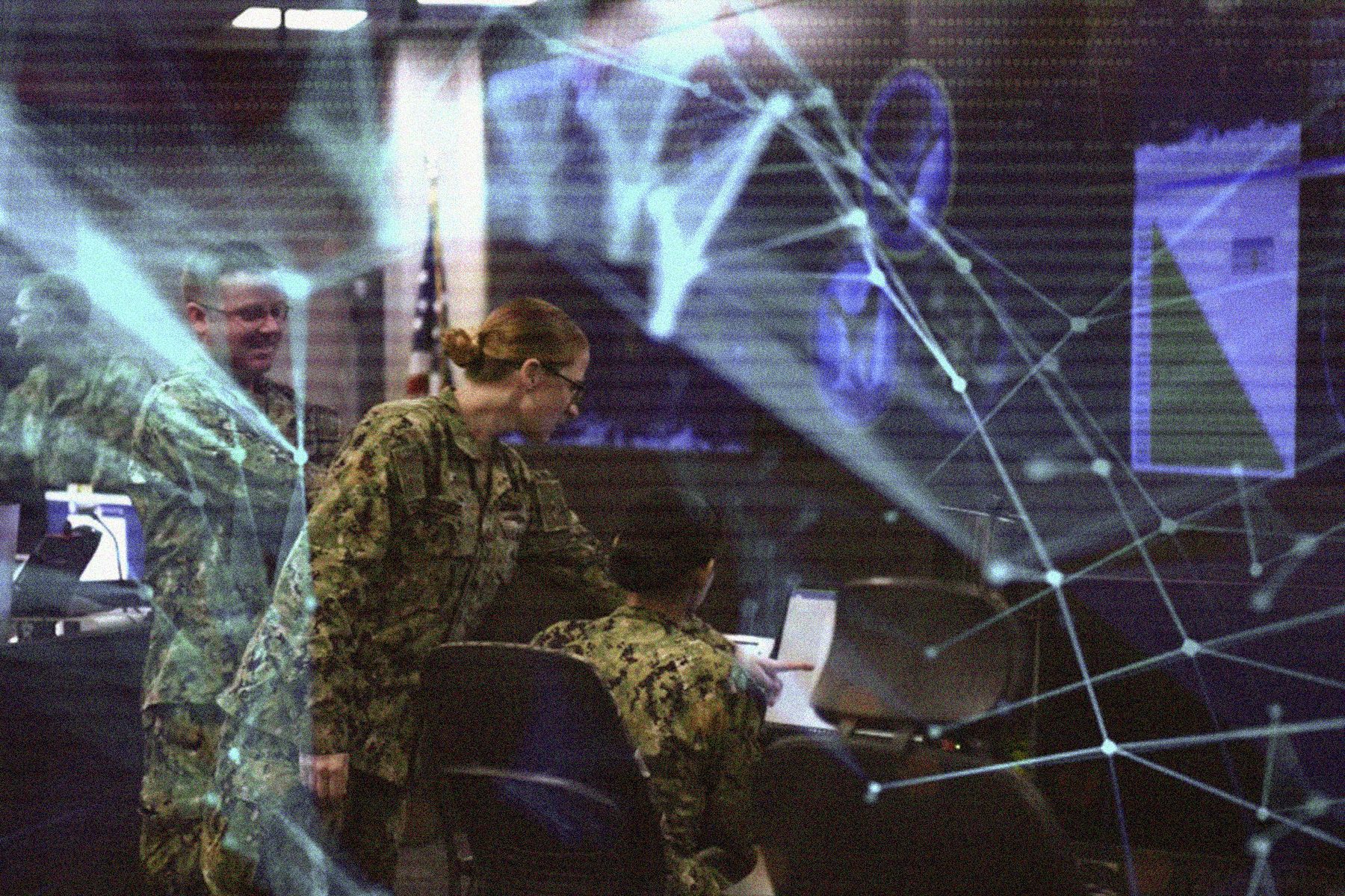 A graphic shows the watch floor of Navy Fleet Cyber Command