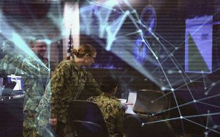 A graphic shows the watch floor of Navy Fleet Cyber Command