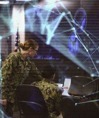 A graphic shows the watch floor of Navy Fleet Cyber Command