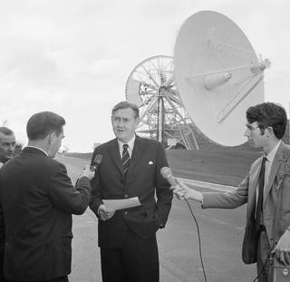 Prime Minister John Gorton meeting journalists at Honeysuckle Creek tracking station near Canberra on the morning of the Apollo 11 Moon landing, 21 July 1969