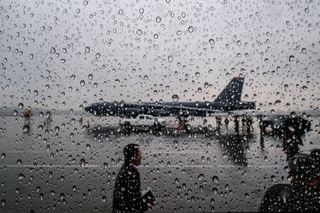 A US B-52H strategic bomber parked at a South Korean Air Force base on 19 October 2023. The nuclear-weapons-capable B-52 bomber landed in South Korea as a show of US support for South Korea in the face of North Korean military threats