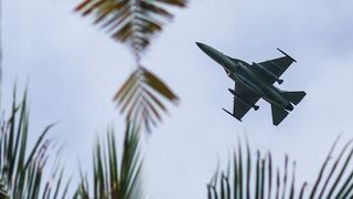 A Philippine Air Force fighter jet McDonnell Douglas F-15 Eagle manoeuvres during the exercise of Combined and Joint Forcible Entry Operations, as part of the ongoing 'ALON 25' military exercise, at a beach in San Vicente, Palawan, Philippines, on August 24, 2025.