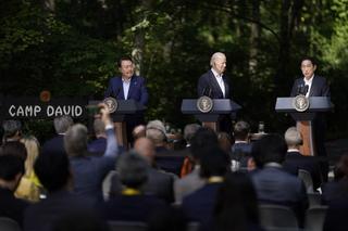 South Korean President Yoon Suk Yeol, US President Joe Biden and Japanese Prime Minister Fumio Kishida during a trilateral summit at Camp David, August 2023