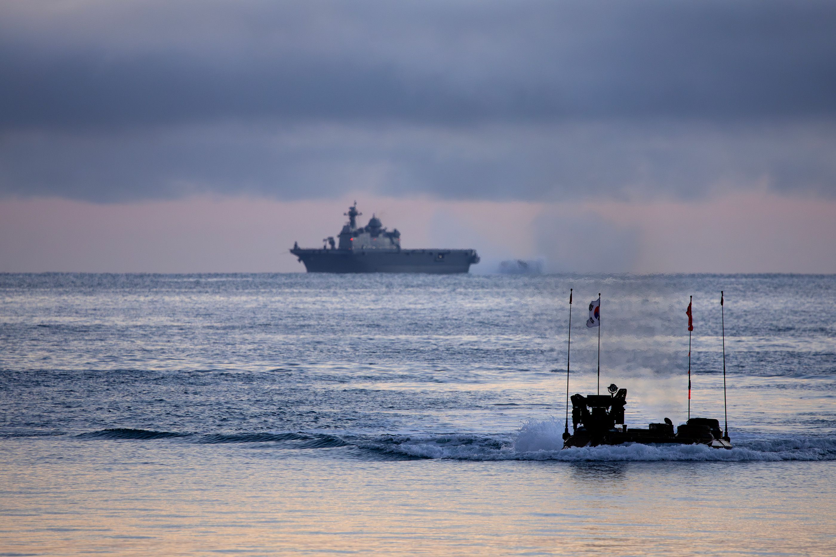 A Korean Amphibious Assault Vehicle approaches the shore at Shoalwater Bay Training Area during Talisman Sabre 2025.