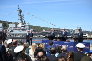 Australian Prime Minister Anthony Albanese, US President Joe Biden and British Prime Minister Rishi Sunak hold a press conference during the AUKUS summit in San Diego, March 2023