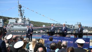 Australian Prime Minister Anthony Albanese, US President Joe Biden and British Prime Minister Rishi Sunak hold a press conference during the AUKUS summit in San Diego, March 2023