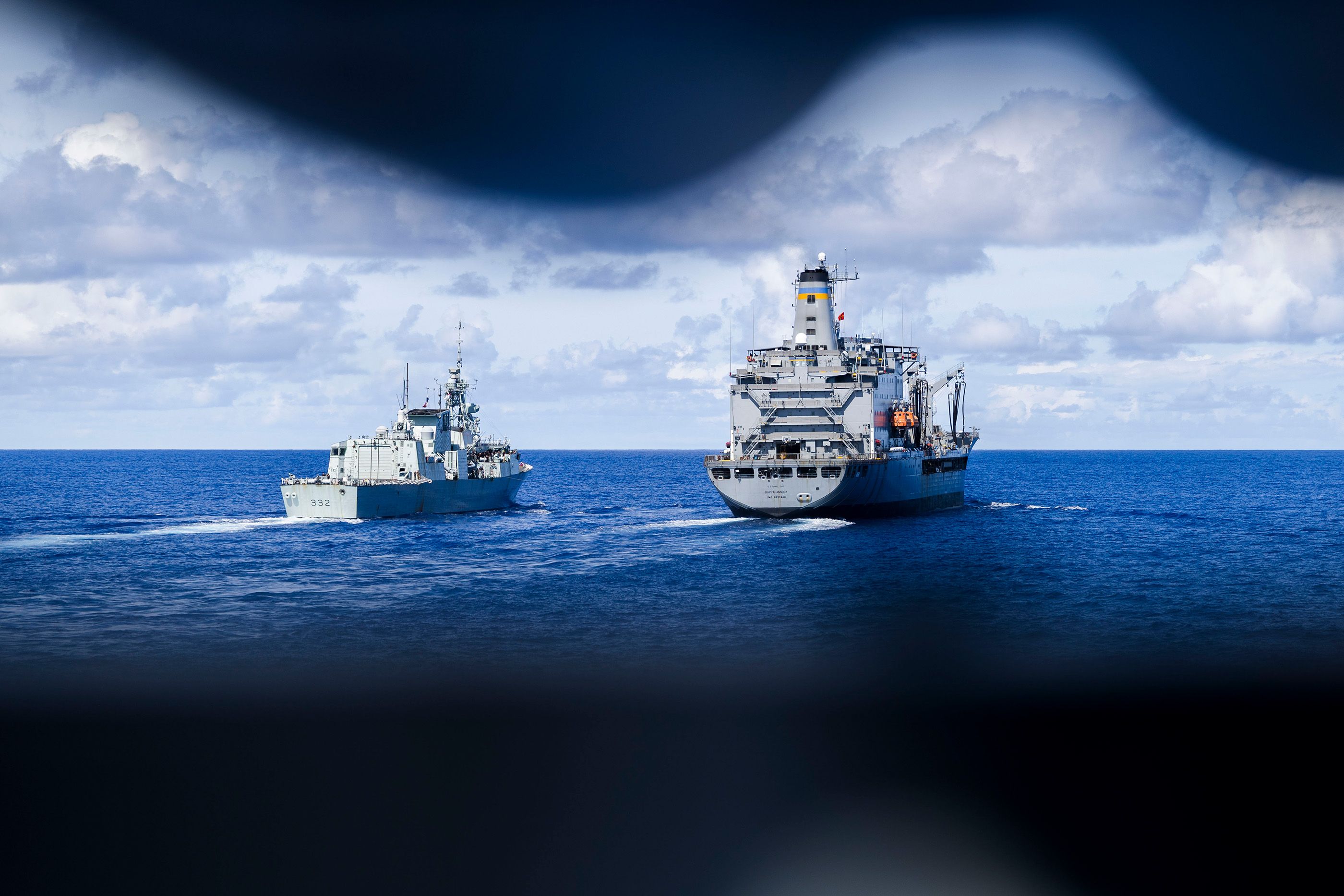 Royal Canadian Navy Halifax Class frigate HMCS Ville de Québec conducts a replenishment at sea (RAS) with USNS Rappahannock. 