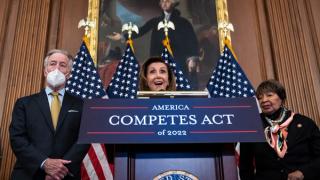 Speaker of the House Nancy Pelosi speaks about the America Competes Act at the US Capitol on 4 February 2022