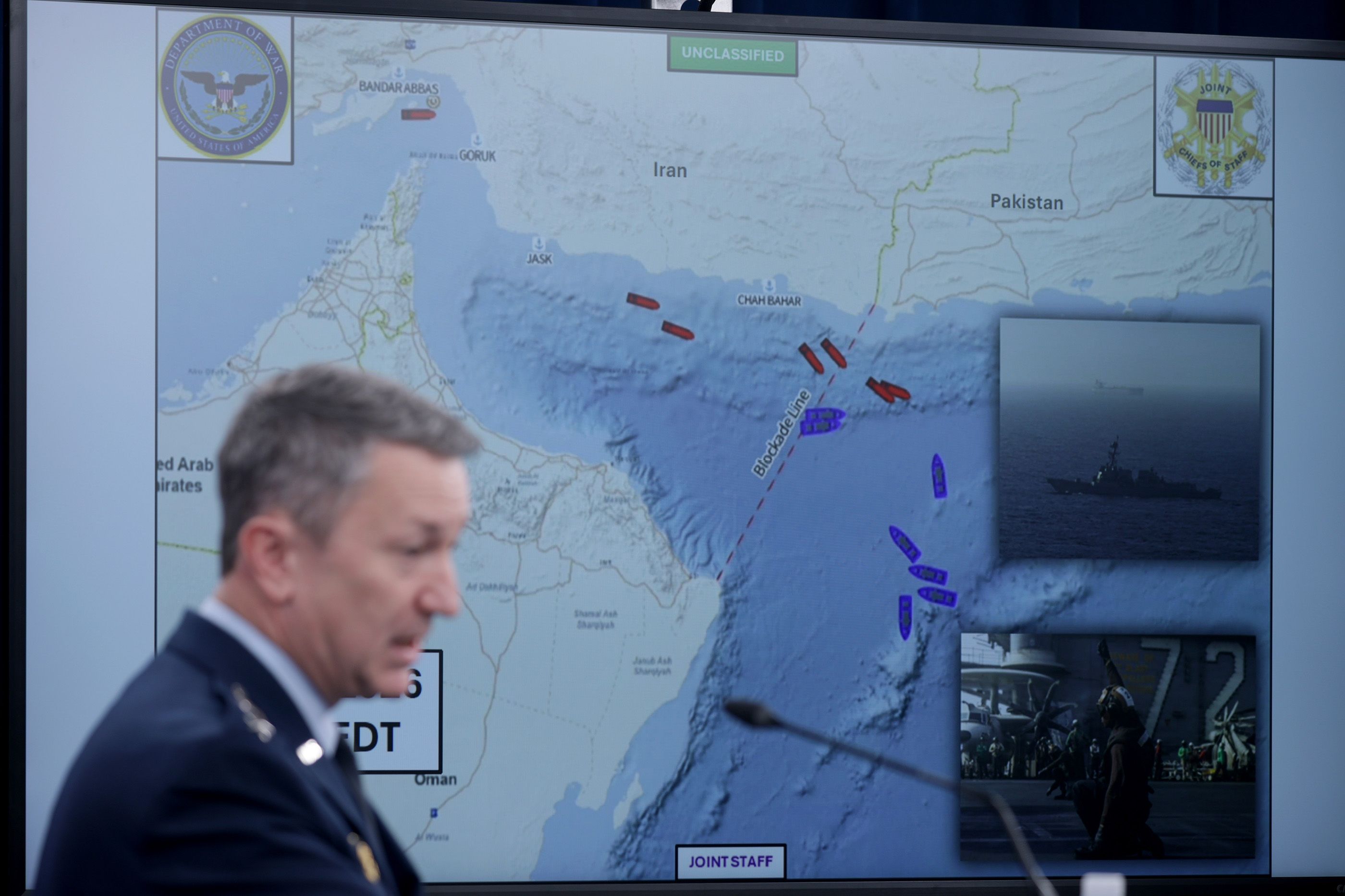 Chairman of the Joint Chiefs of Staff Gen. Dan Caine speaks as he displays a map showing the United States Navy's blockade of the Strait of Hormuz during a press briefing at the Pentagon on April 16, 2026.
