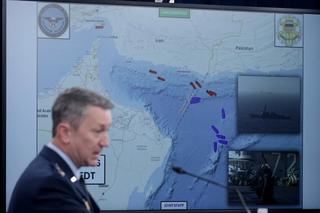 Chairman of the Joint Chiefs of Staff Gen. Dan Caine speaks as he displays a map showing the United States Navy's blockade of the Strait of Hormuz during a press briefing at the Pentagon on April 16, 2026.