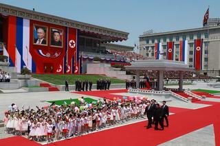 Russian President Vladimir Putin and North Korean leader Kim Jong Un at a welcoming ceremony at Kim Il Sung Square in Pyongyang, June 2024.