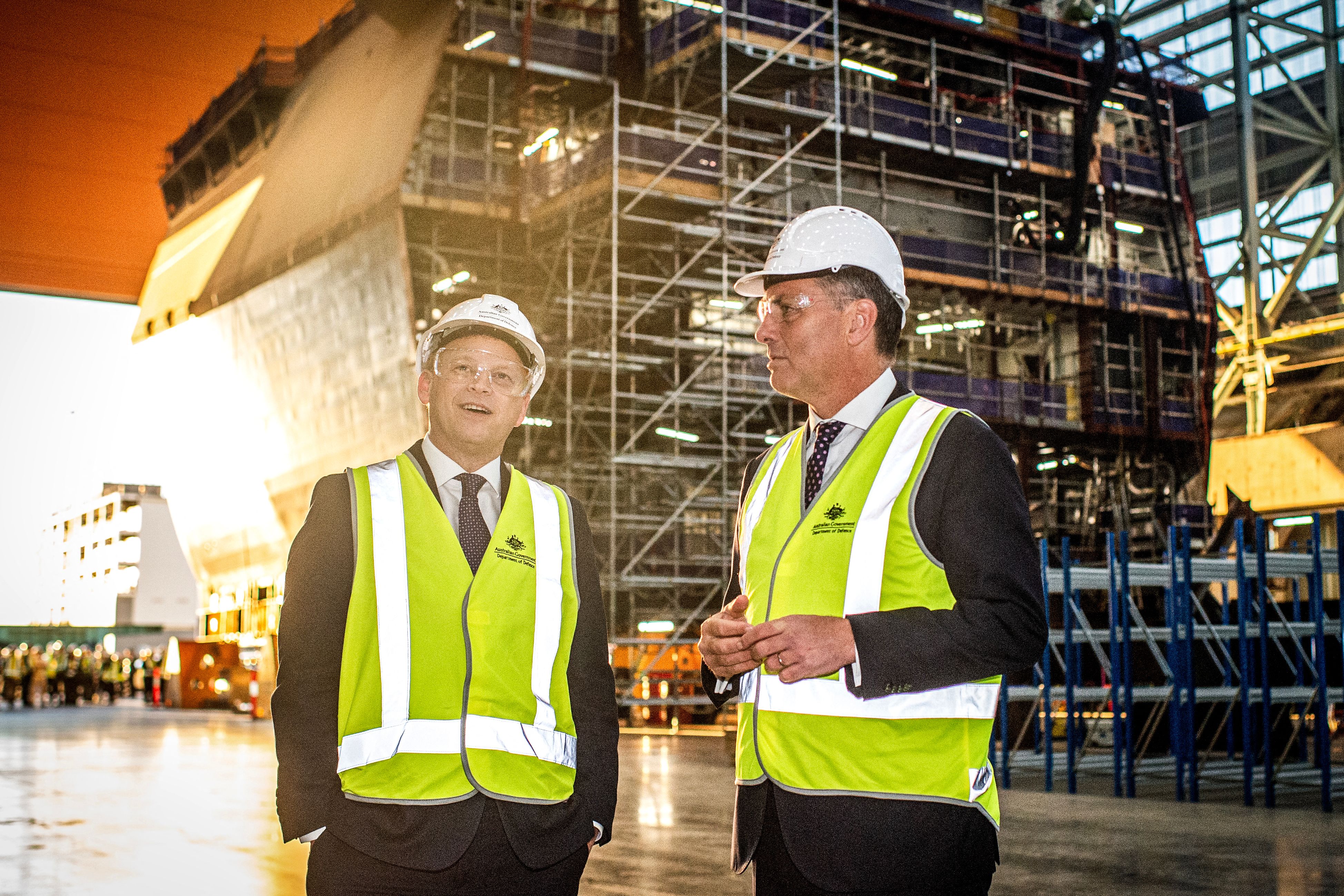 Britain's Secretary of State for Defence Grant Shapps and Australia's Deputy Prime Minister and Defence Minister Richard Marles speak during a tour of the Osbourne Naval Shipyards and Australian Submarine Corporation facilities in Adelaide as part of the annual Australia-United Kingdom Ministerial Consultations, 22 March 2024