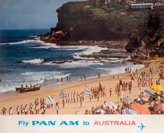 Fly Pan Am to Australia photo poster featuring a surf life saving carnival on Sydney’s Avalon Beach, 1965