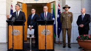 The Prime Minister of Australia The Hon Anthony Albanese MP and Deputy Prime Minister and Minister for Defence, the Hon Richard Marles MP, The Hon. Pat Conroy MP the Minister for Defence Industry, Minister for International Development and the Pacific, Chief of the Defence Force, General Angus Campbell AO, DSC, and The Department of Defence Secretary, Mr Greg Moriarty at Australian Parliament House, Canberra for the released the public version of the Defence Strategic Review
