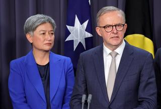 Minister for Foreign Affairs Penny Wong and Prime Minister Anthony Albanese during a press conference at Parliament House, May 2022. 