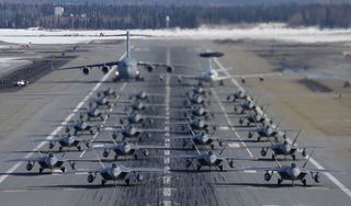 F-22 Raptors from the 477th Fighter Group perform ‘the elephant walk’, Alaska (March 2019)