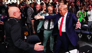 Joe Rogan greets President-elect Donald Trump during the UFC 309 event at Madison Square Garden on November 16, 2024