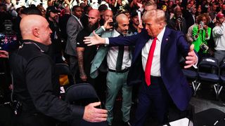 Joe Rogan greets President-elect Donald Trump during the UFC 309 event at Madison Square Garden on November 16, 2024
