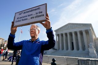 People demonstrate outside the U.S. Supreme Court ahead of U.S. President Donald Trump's expected arrival on April 01, 2026 in Washington, DC.