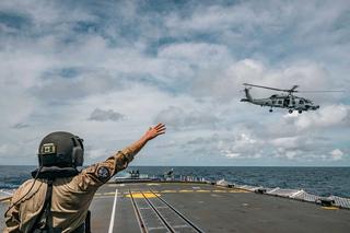 A Royal Australian Navy MH-60R Sea Hawk departs from the Royal Canadian Navy ship HMCS Ville de Québec during Exercise Alon 2025.