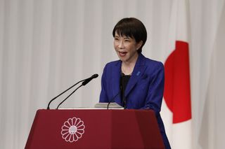 Japan's Prime Minister Sanae Takaichi, leader of the ruling Liberal Democratic Party (LDP), speaks during a press conference at the LDP headquarters in Tokyo on February 9, 2026. Japanese Prime Minister Sanae Takaichi said on February 9 she felt a "heavy responsibility" to make the country stronger and more prosperous after winning a landslide election victory.