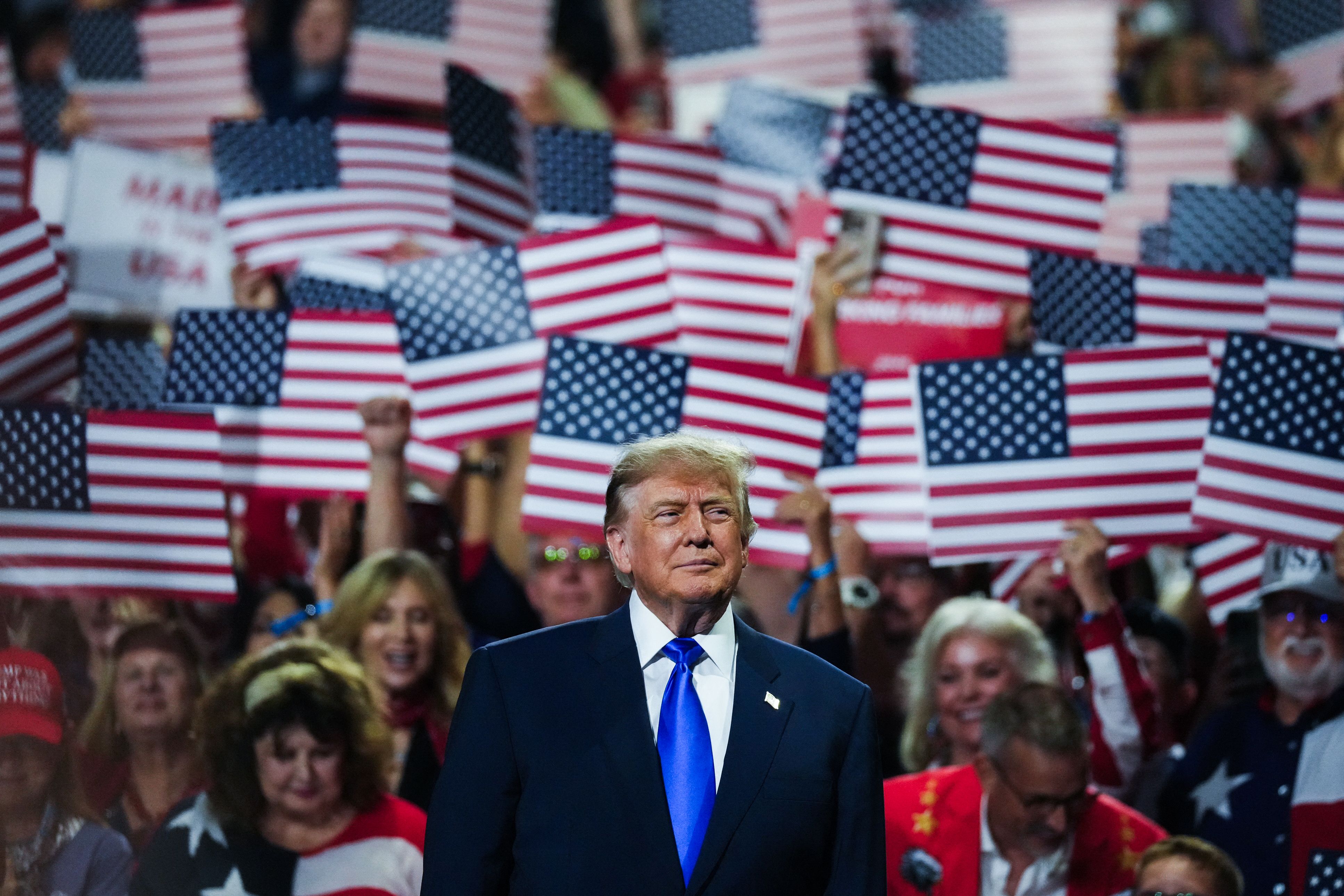 US President Donald Trump arrives to speak during the Republican National Midterm Convention at the American Airlines Center in Dallas, Texas on September 9, 2026. 