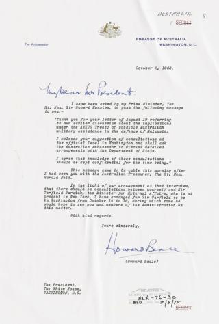 Australian Ambassador to the United States, Howard Beale, conveying Prime Minister Menzies’ concerns to US President Kennedy