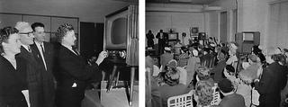 L: Amalgamated Wireless Australasia television display on the first night of transmission in 1956; R: Audience watching the making of a television program in David Jones George Street in Sydney, 1956