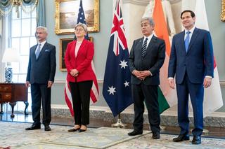 Indian External Affairs Minister Subrahmanyam Jaishankar, Australia's Foreign Minister Penny Wong, Japanese Foreign Minister Takeshi Iwaya and US Secretary of State Marco Rubio at a press conference in Washington, DC, July 2025.