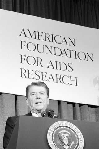 President Ronald Reagan addresses the American Foundation for AIDS Research's fund raising dinner in 1987