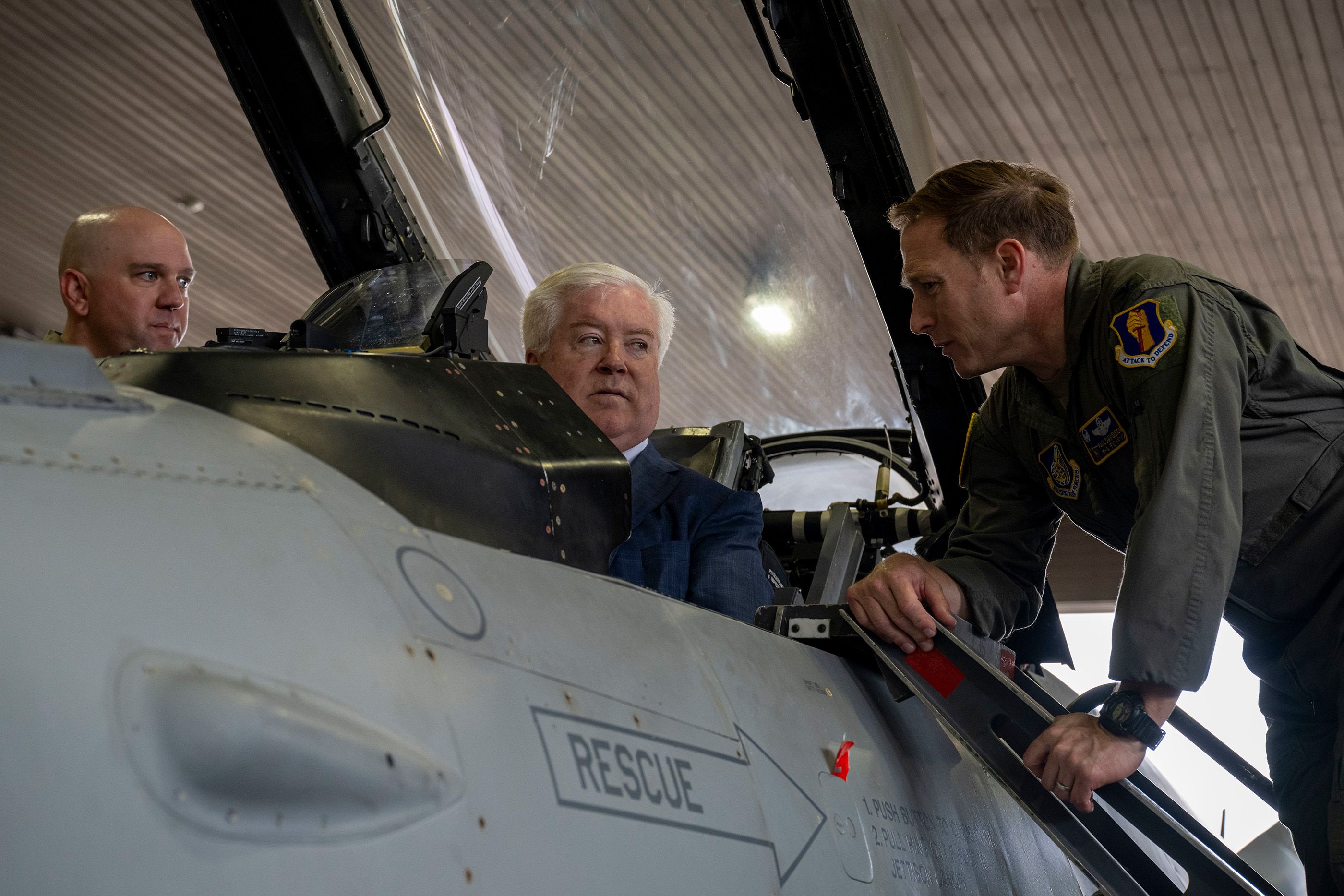 US Ambassador to Japan George Glass sits in the cockpit of an F-16 Fighting Falcon at Misawa Air Base in Japan in June 2025.