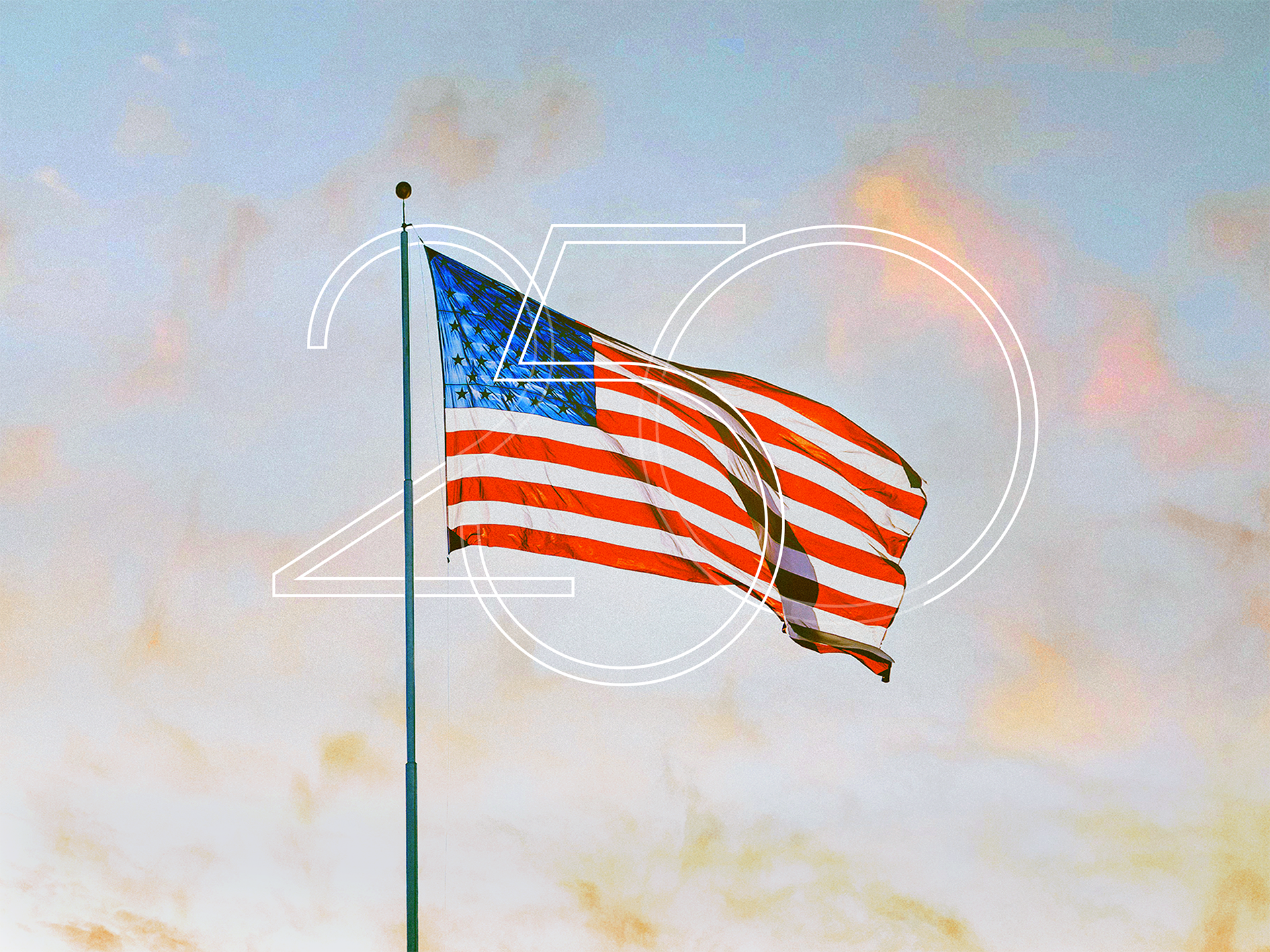 American flag at sunrise or sunset, with '250' monogram 