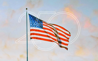 American flag at sunrise or sunset, with '250' monogram