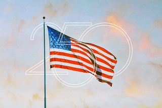 American flag at sunrise or sunset, with '250' monogram