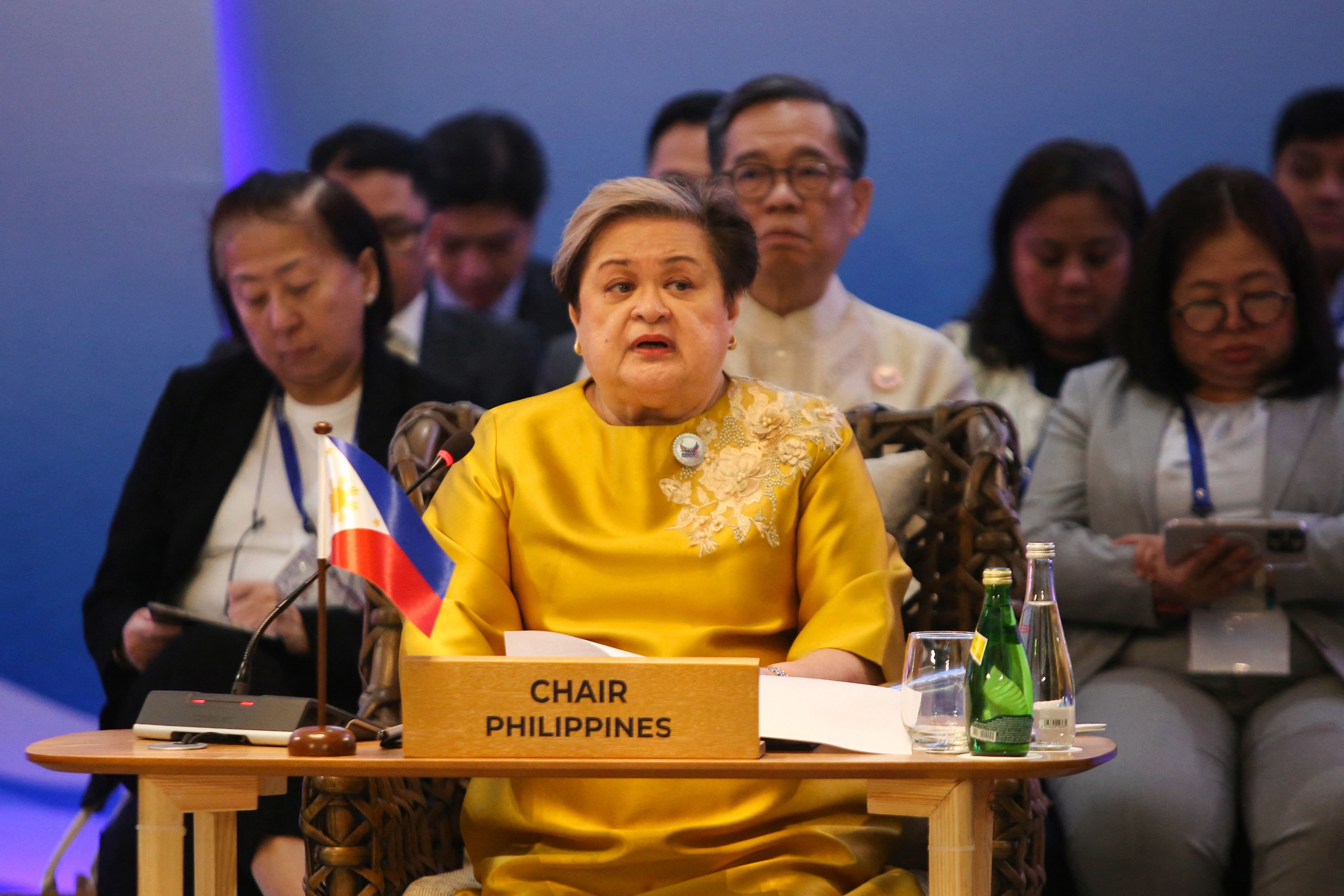 Philippine Foreign Minister Theresa Lazaro delivers a speech during the Association of Southeast Asian Nations (ASEAN) Foreign Ministers' Retreat in Cebu City on 29 January 2026.